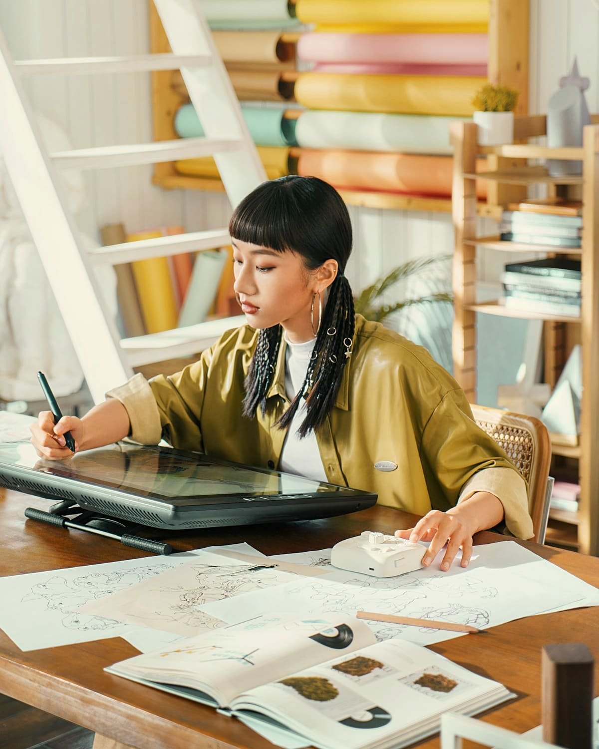 A designer sketching an interface on a drawing tablet